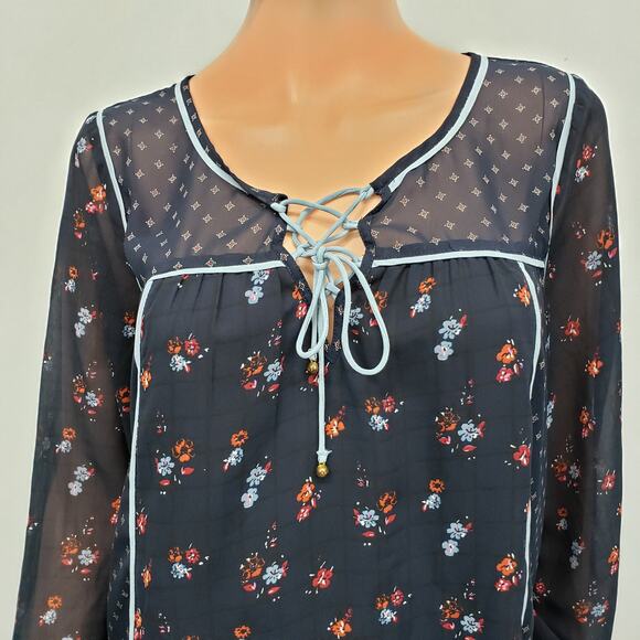 Abercrombie & Fitch Peasant Floral Top Sz S Navy Blue Long Sleeve Lace up Boho - Picture 2 of 13